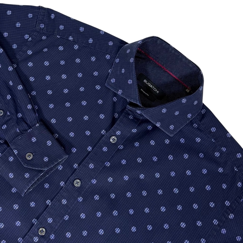 Bugatchi Uomo Men's Medium Navy Blue Geometric Circle Shaped Fit Cotton Shirt